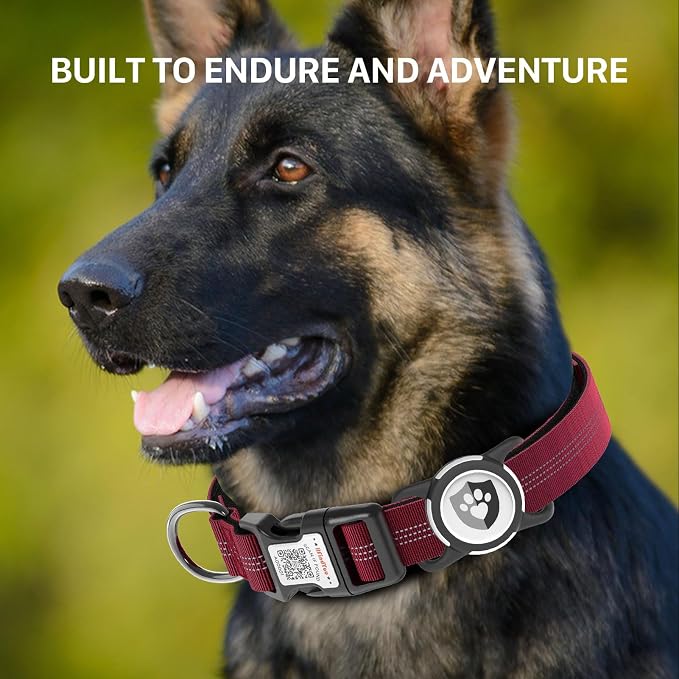 Waterproof AirTag Dog Collar with QR Code Dog Tag, Burgundy L | IP68 waterproof, QR code dog tag, Anti-Lost, Online profile, fits XS-L (8"-26"), Padded nylon, Reflective, No App, No Fees