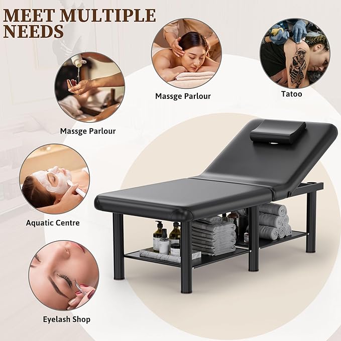 Olela Wide Foldable Massage Table - Professional Massage Table with Adjuatable Backrest & Large Storage Space, Treatment Tables with Metal Frame and Pu Leather for Spa, Beauty, Rehabilitation