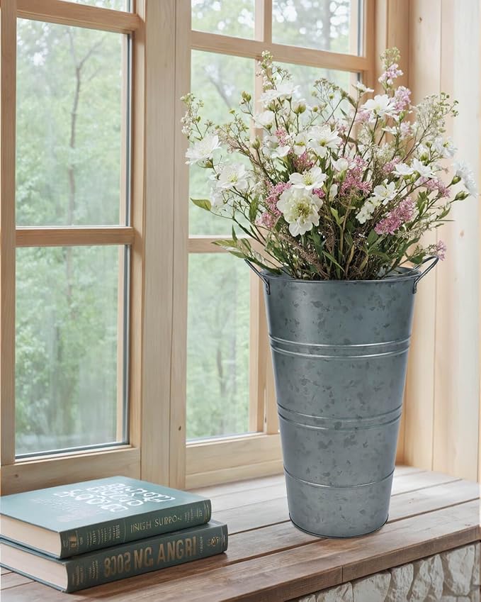 12 Inch Galvanized Metal Vase, 6 Pack Tall Flower Buckets with Handles | Galvanized metal flower buckets with handles, rustic tall vase design for dried flowers, weddings, farmhouse and home decor.