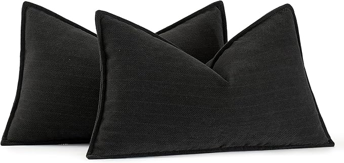 MIULEE Pack of 2 Black Decorative Lumbar Chenille Pillow Covers 12x20 Inch | Soft Couch Throw Pillows,Farmhouse Cushion Covers with Elegant Design for Sofa,Bedroom,Living Room,Spring Home Decor