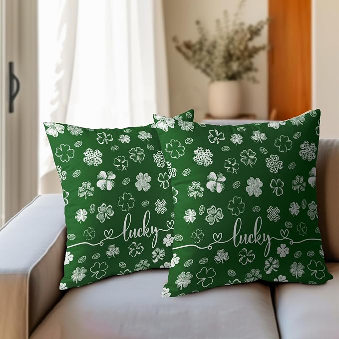 Kawani St Patricks Day Pillow Covers 18x18 Set of 2 Green Lucky Clover Shamrock Leaves Print Throw Pillowcases Cotton Linen Cushion Case for Living Room Couch Sofa Farmhouse Home Decor