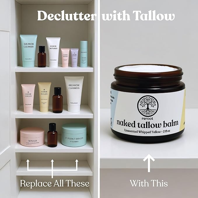 Beef Tallow Balm for Skin | NAKED TALLOW BALM | 1 Ingredient - 100% Grass Fed Grass Finished Tallow | Whole Body & Face Moisturizer | Whipped | Dry Skin, Eczema, Rosacea, (2oz)