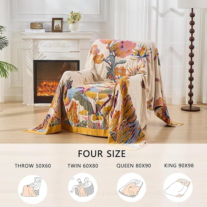 Boho Throw Blanket Farmhouse Decor Throw Blanket Bohemian Blanket for Bed 100% Cotton Muslin Woven Couch Blanket All Seasons Quilt Bedroom (D-Yellow, 50"x60")