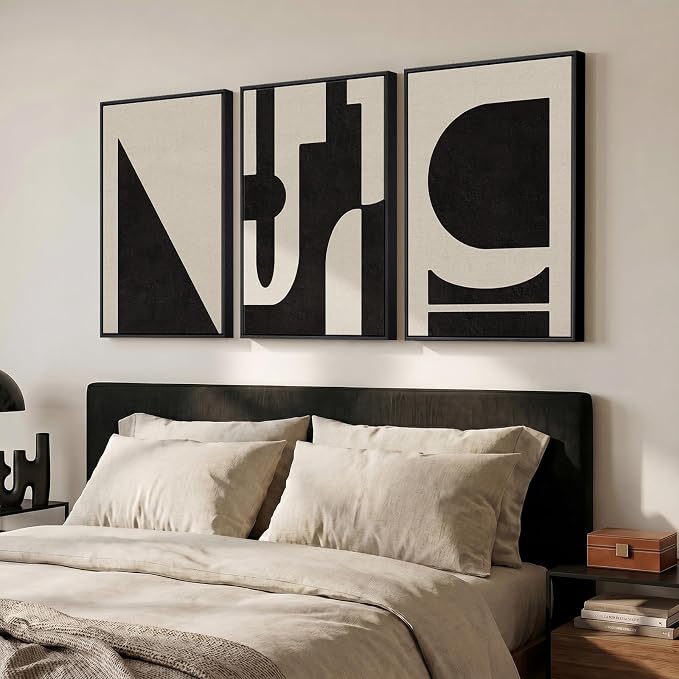 Large Framed Neutral Abstract Geometric Wall Art Set, 3 Piece Modern Minimalist Artwork for Walls, Black and Beige Canvas Prints Pictures Wall Decor for Living Room Bedroom Dining Room Office 24x36 In