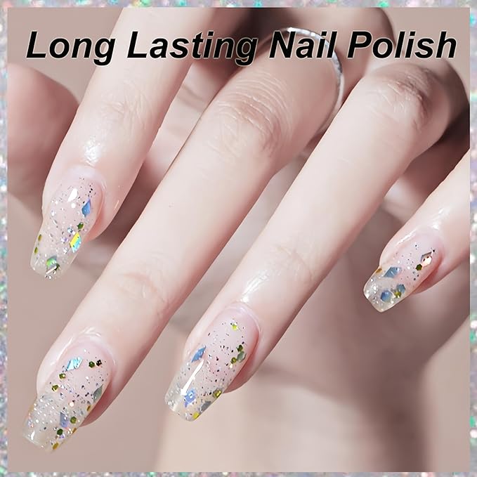 Clear Glitter Nail Polish, Chunky & Fine Holographic Glitter Top Coat, Iridescent Confetti Nail Polish Quick Dry, For DIY Nail Art and Holiday Party, Non Toxic