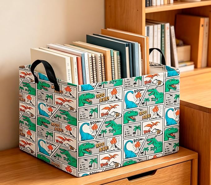 CLOCOR Rectangular Storage Bin,Waterproof Book Box,Room Decor(Comic Dinosaur)