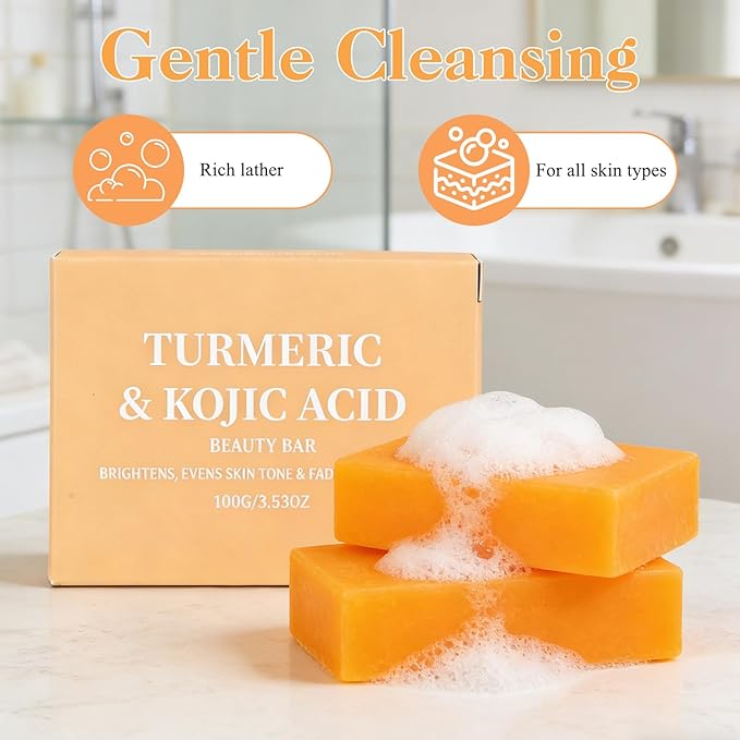Turmeric Kojic Acid Soap for Dark Spots with Turmeric, Vitamin C & Shea Butter, Brightening Face & Body Wash, Even Tone Skin Cleanser for Hyperpigmentation & Inner Thighs, 2 Pack