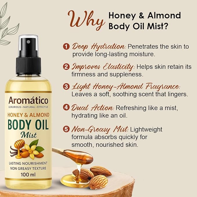 Aromatico Honey & Almond Body Oil Mist for Women | Lightweight, Non-Sticky, Spray-on formula for Daily use After Shower | Moisturized, Soft, Glowing Skin | Cozy, Creamy Vanilla Scent - 4 Fl Oz