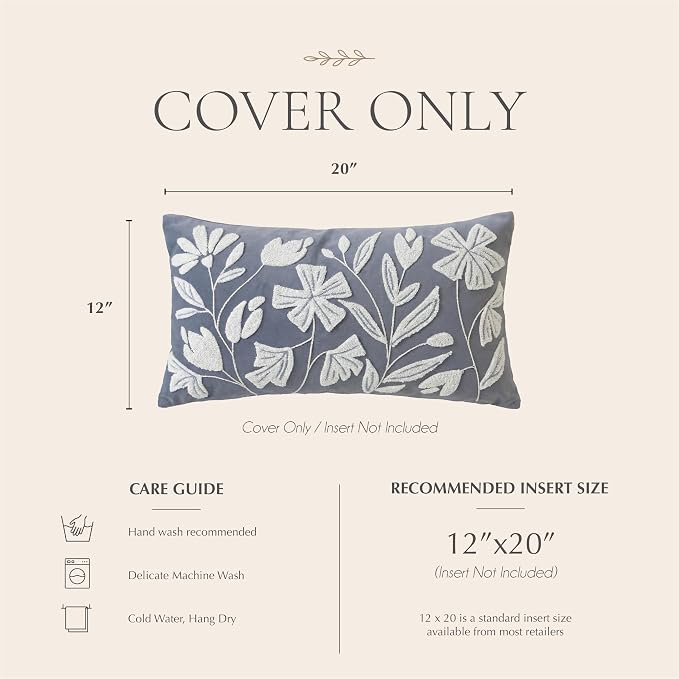 Decorative Lumbar Pillow Cover 12x20, Coastal Dusty Blue Accent Velvet Throw Pillowcase for Couch Sofa Living Room, Floral Tufted Rectangular Cushion, Cover Only