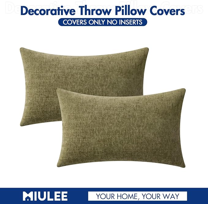 MIULEE Soft Chenille Lumbar Throw Pillow Covers Olive Green 12x20 Inch | Pack of 2, Modern Decor, Classic Decorative Pillows, Solid Dyed Cases, Boho Couch Cushion Covers for Sofa Bed Living Room