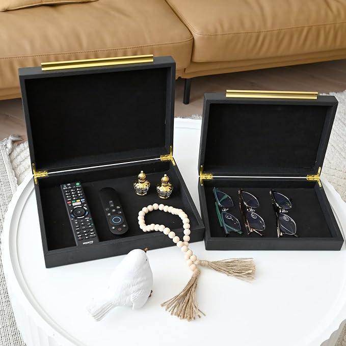 DECOR4SEASON Faux Shagreen Leather Jewelry Boxes Set of 2 with Gold Handles | Decorative Organizer Storage Box for Rings, Earrings, Watches, Dresser, Vanity, Stackable, Black