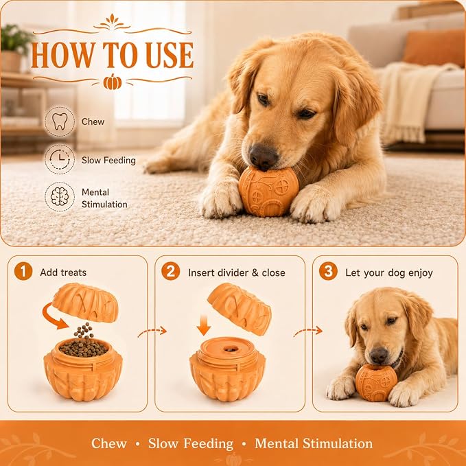 Dog Treat Toys, Pumpkin-Shaped Dog Treat Ball, Dog Frozen Treat Toy with 2 Freeze Bowls, Dog Toy Treat Dispenser, Dog Enrichment Toys, Fillable Slow Feeder and Lick Bowl for Dogs Set