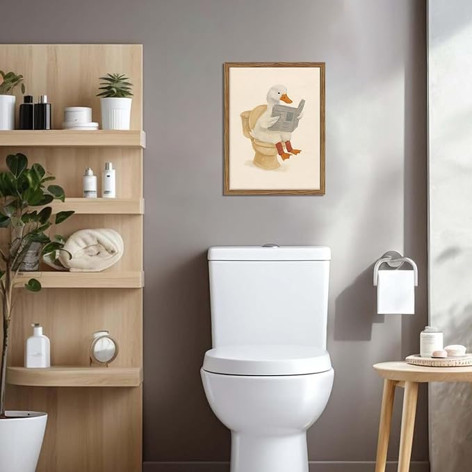 Framed Duck Bathroom Wall Art, Whimsical Duck Reading on Toilet, Funny Kids Bathroom Wall Decor, Vintage Farmhouse Toilet Decor, Cute Animal Canvas Print for kids Room 12x16 inch