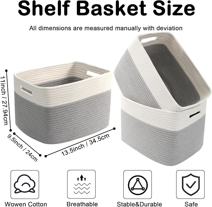 3 Pack Woven Baskets,Storage Baskets for Shelves with Handles | 13.5"×11"×9.5", Closet Baskets, Nursery Organizer for Toys Towels Books, Storage Bin for Living Room Bedroom (White & Grey)