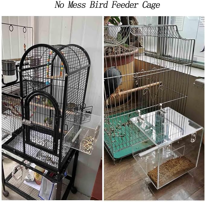 No Mess Bird Feeder for Cage, Automatic Acrylic Bird Feeder Seed Catcher Tray Cage with Stainless Steel Hooks for Small Parrots Canary Parakeet Budgerigar Crested Cockatiel Lovebird (Small) | Bird Feeder Cage with Stainless Steel Hooks for Small Bird P...