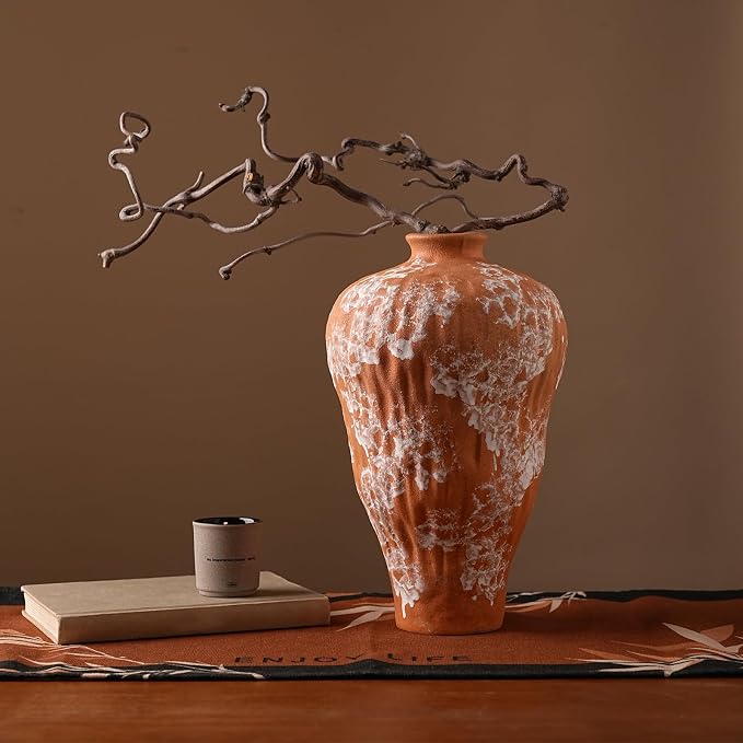 Rustic Farmhouse Terracotta Vase 11.8 inch, Handcrafted Unglazed Rough Clay Decorations with Distinct Natural Texture, Vintage Vase for Living Room Kitchen Bedroom Shelf Dining Mantel Decorations