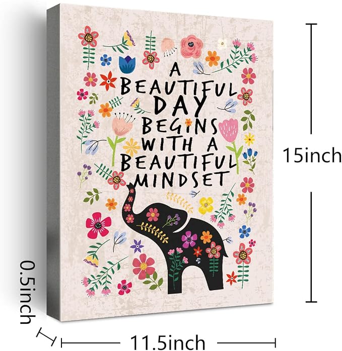 Wailozco A Beautiful Day Begins with A Beautiful Mindset Wall Art for Girls Room Decor,Boho Flower Elephant Canvas Print for Teen Girls Bedroom Dorm Wall Decoration