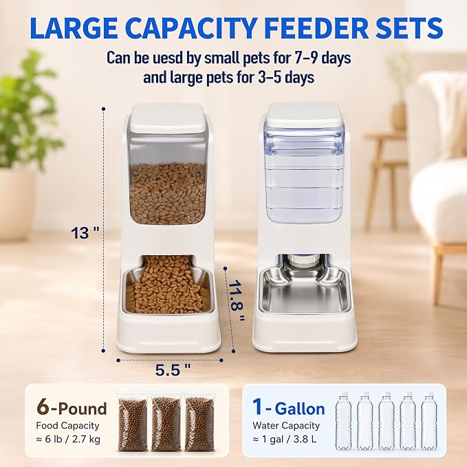 Automatic Cat Dog Feeder and Water Dispenser Set with Stainless Steel Bowl | Automatic Cat Feeder and Water Dispenser Set with Dog Stainless Steel Feed Bowl Pet Gravity Self Feeding and Waterer *2