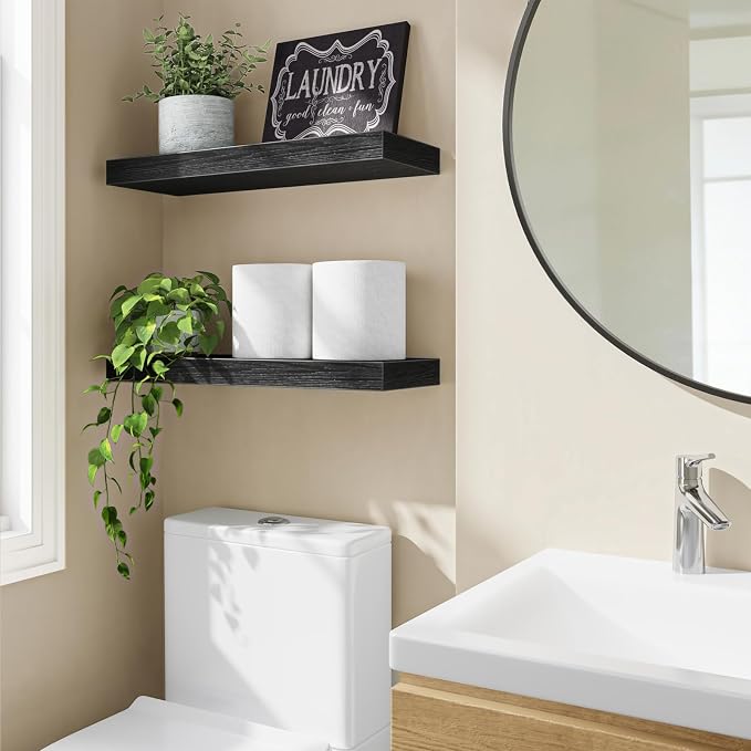 Fixwal Floating Shelves for Wall Decor (Black, Set of 2, 15.7 Inch) | MDF Shelves with Metal Brackets, Space Saving for Books, Decor, Works in Bathroom, Kitchen, Living Room, Bedroom