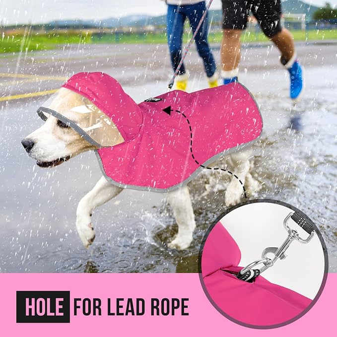 Lukovee Dog Raincoat, Waterproof Rain Jacket, Clear Hood & Reflective Rim | Easy On Off Adjustable Straps, Leash Hole, Soft Mesh Lining, Storage Pocket, Poncho for Small Medium Large Dogs (Fuchsia, L)