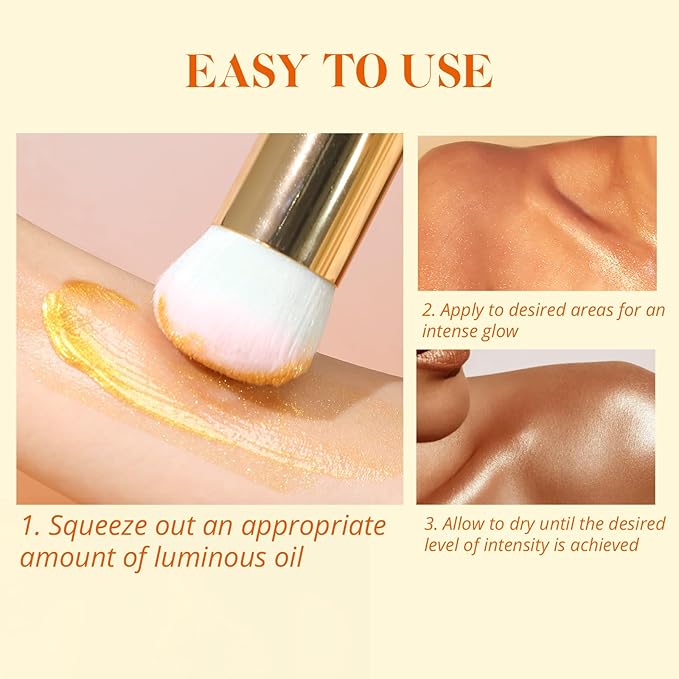 Liyalan Shimmer Body Oil 5 Color Options 1.0 fl.oz Face Glow Pearl Highlighter Illuminator Long-Lasting Shine Glitter Liquid Tanning with Makeup Brush Included (#02 Gold)