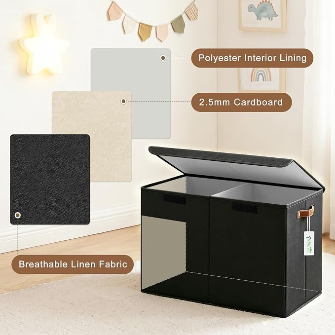 Large Toy Storage Box with Lids, Collapsible Sturdy Baby Storage Organizer Chest Bin Basket for Kids, Boys, Girls, Playroom, Nursery, Bedroom, Closet 25"x13"x16" (Black)