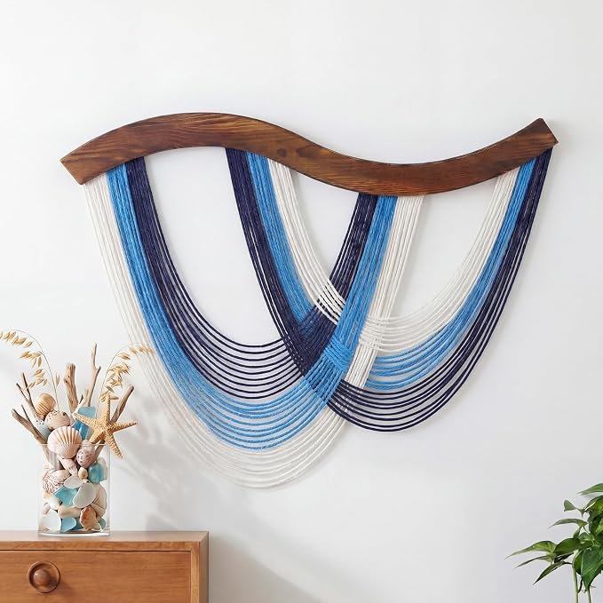 Navy Blue Macrame Wall Hanging Dip Dyed Yarn Wall Art, Modern Boho Decor | Handmade Cotton Rope Tapestry for Bedroom, Living Room, Nursery, 31.5 x 23.6 Inch