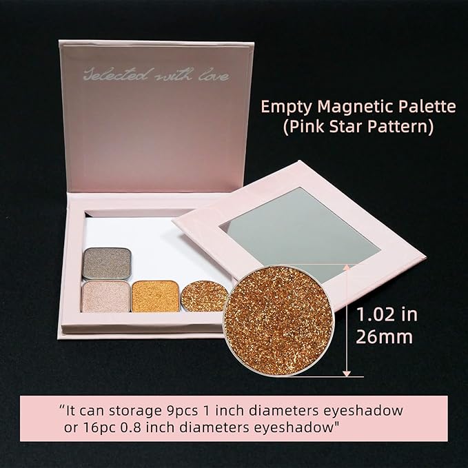 Pink Magnetic Refillable Makeup Palette with Mirror – Lightweight, Durable, Travel-Ready Case for Eyeshadow, Blush, Lipstick – Includes Spatula & 20 Stickers – Small, Waterproof Paperboard