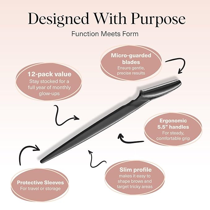 Kitsch Dermaplane Razor for Women Face – Face Razors for Women & Men, Eyebrow Trimmer & Face Shaver – Exfoliating Facial Razor & Skin Care Tool for Smoother Skin - Black, 12 pcs