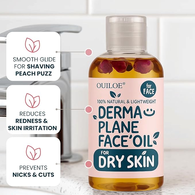 Dermaplaning Oil for Dry Skin - Hydrating Face Shaving Oil for Women - Safe for Acne Prone Skin - Non Comedogenic, Fragrance Free, Natural and Hypoallergenic for Pre & Post Dermaplaning 4oz by Ouiloe