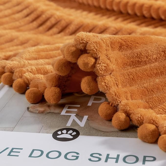 DISSA Fleece Blanket Twin Size – 60x80, Orange – Soft, Plush, Fluffy, Fuzzy, Warm, Cozy – Perfect Throw for Couch, Bed, Sofa - with Pompom Fringe - Flannel Blanket Throw Blanket