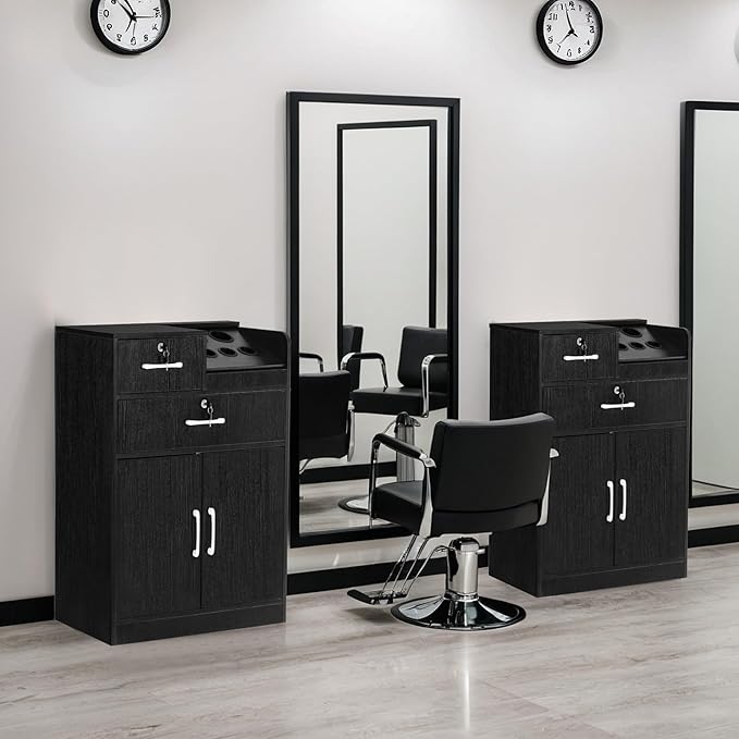 BarberPub Locking Storage Cabinet Barber Utility Unit Beauty Salon Station with Holders Styling Equipment with Drawers 2032