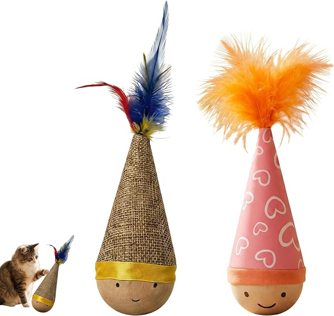 Wooden Wobble Cat Toy, 7in Self-Righting Tumbler for Indoor Cats, 2-Pack