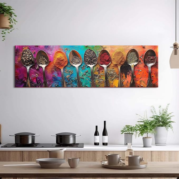 Colorful Spices Seasoning Spoon Canvas Wall Art Kitchen Wall Decor Large Abstract Seasoning Herb Picture for Dining Room Home Bar Decorations Watercolor Food Poster Contemporary Artwork 14x48”