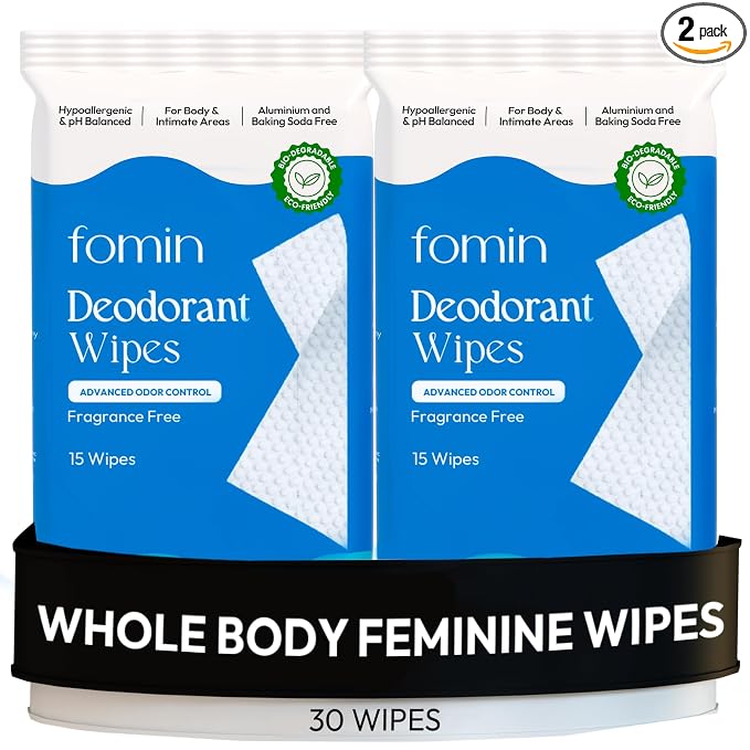 FOMIN Acidified Deodorant Wipes For Women - 30 Count - Fragrance Free – Hypoallergenic, pH Balanced Whole Body Wipe - Plastic-Free, Exfoliating & Advanced Odor Control Underarm Body Wipes