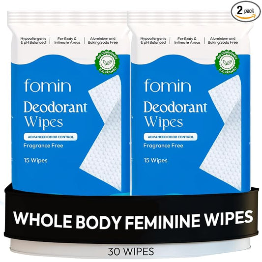 FOMIN Acidified Deodorant Wipes For Women - 30 Count - Fragrance Free – Hypoallergenic, pH Balanced Whole Body Wipe - Plastic-Free, Exfoliating & Advanced Odor Control Underarm Body Wipes