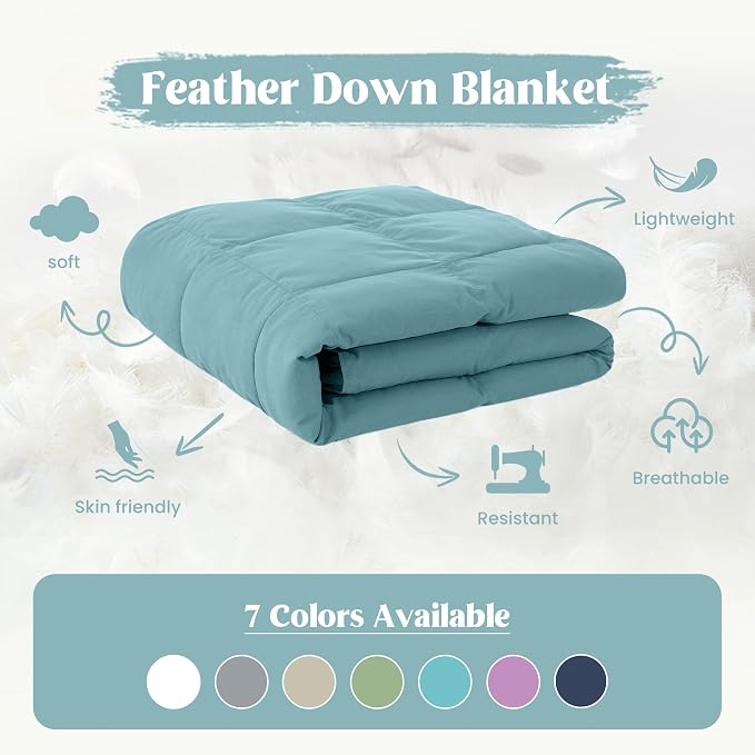 puredown® Soft Feather Down Blanket Lightweight Packable Down & Feather Fill Blanket for Indoor and Outdoor Use, Queen Size Blankets, 88"X90", Sea Blue