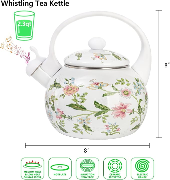 Jucoan 2.3 Quart Vintage Enamel Tea Kettle, Whistling Tea Kettle for Stove Top, Floral Enamel on Steel Teakettle Teapot for Home Kitchen Camping, Gift for Wedding Housewarming Mother's Day