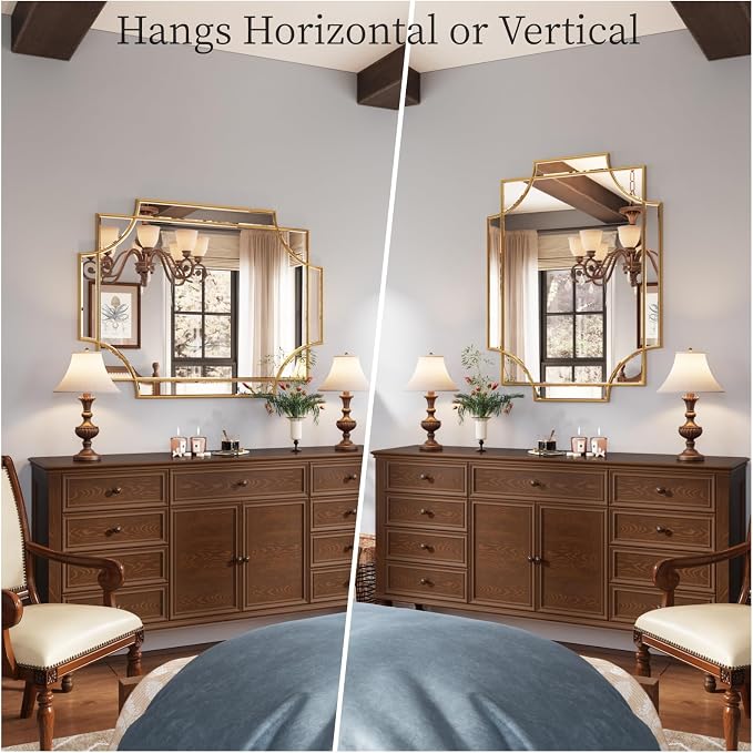 Kelly Miller 20"x30" Gold Foil Scalloped Edge Decorative Vanity Wall Mirror | Hand-Applied Gold Foil Finish. HD Mirror With French Cleat. Elegant Beveled Wall Mirror Decor For Bathroom Bedroom Entryway.