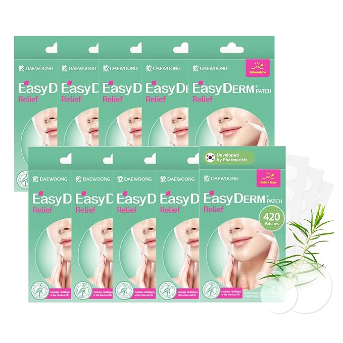 DWEasyDerm EasyDerm Relief Invisible Patch 10 Packs (420 Patches) | 10,000 ppm Tea Tree Oil, Ultra-Slim 0.1mm, Waterproof Pimple Patch, Clear Acne Spot Treatment for Everyday Use