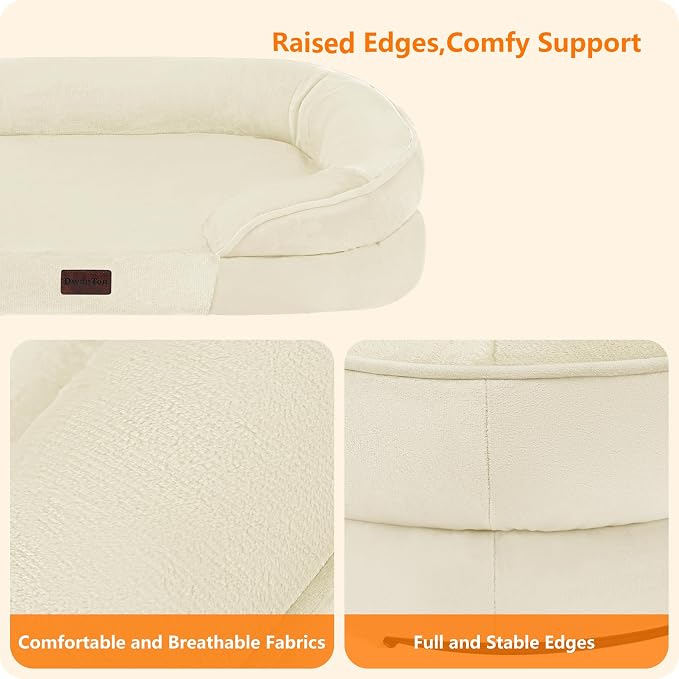 Dwanton Orthopedic Waterproof Medium Dog Bed Sofa, Gel Memory Foam, 36" | Egg-Crate Foam Dog Sofa, Washable Pet Bed with Four Sided Bolster Cushion, Removable Cover & Non-Slip Bottom, Beige
