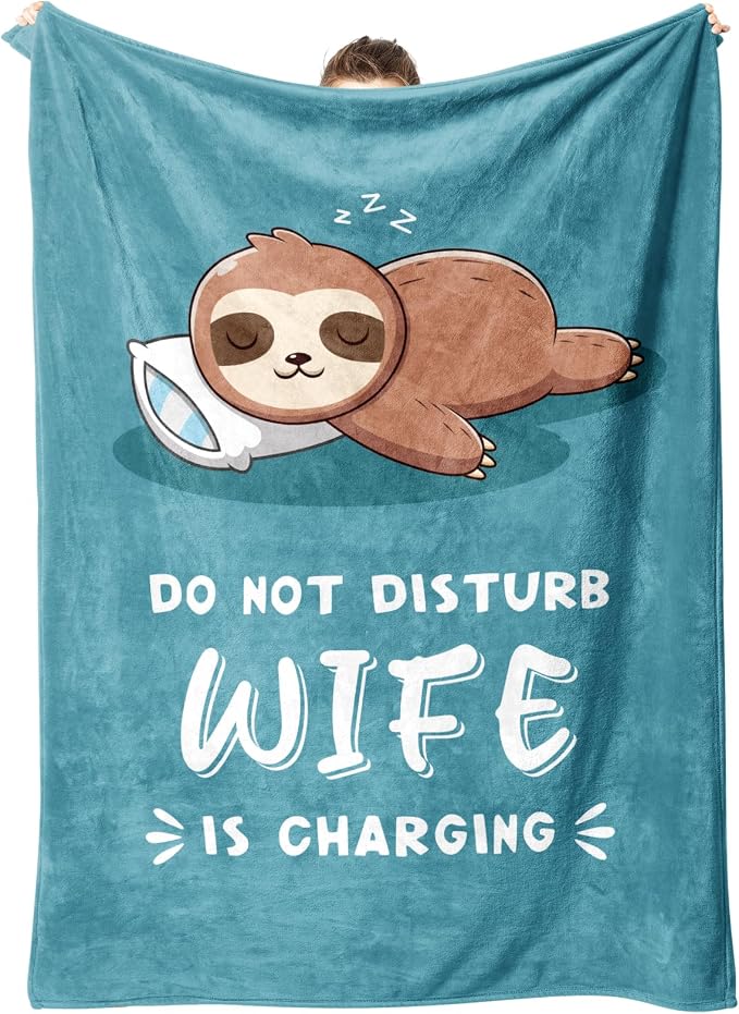 Leebbsin Funny Gifts for Wife, Anniversary Wedding Gifts for Wife | Wife is Charging Sloth Blanket 60" x 80", Cyan, Christmas Mothers Day Birthday Gift for Wifey from Husband