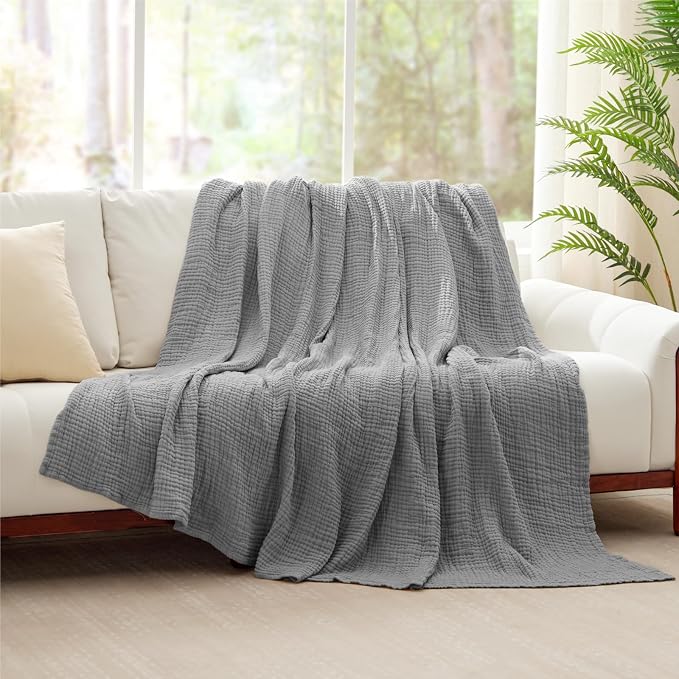 100% Cotton Muslin Blanket Large 50" x 70", 6 Layers Breathable and Lightweight Cotton Throw Blanket for Bed and Couch, Soft Quilt Bedspread, Gauze Blanket for Adults All Season, Grey