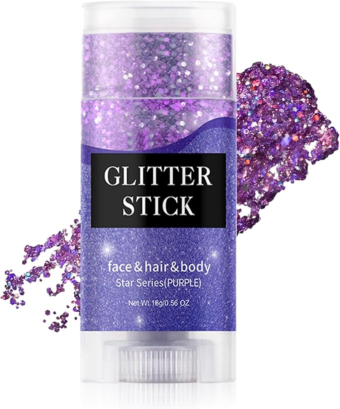 Purple Body & Face Glitter Stick,【Waterproof】【Long-Lasting】【Sparkling】 for Singer Concert Outfits, Festival Rave Mermaid Accessories Chunky Glitter Makeup for Women (03# Purple)