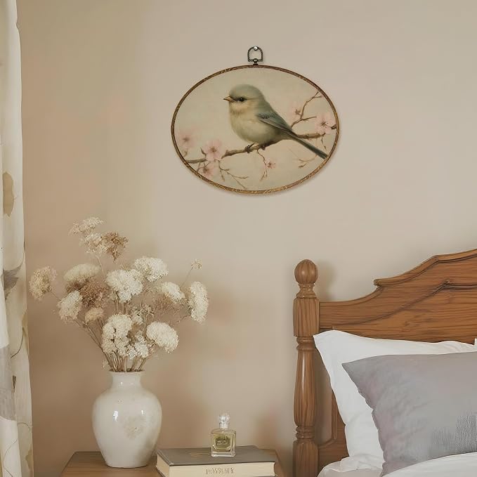 LKETW Vintage Bird Oval Wall Art Decor, Rustic Farmhouse Oval Canvas Hanging Decor, Cottagecore Country Floral Bird Wall Decorations for Home Bedroom Living Room, 8.6x11.4 Inch