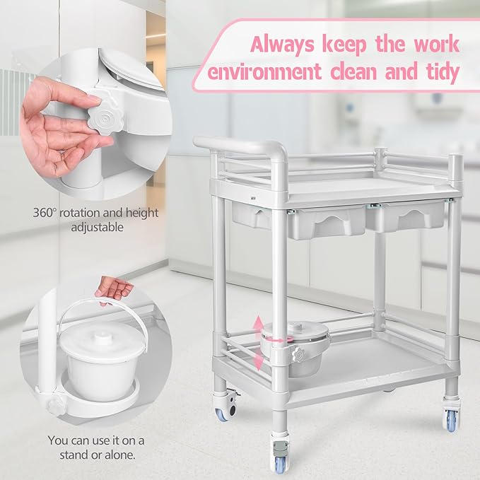 Beauty Trolley Cart with Wheels, Esthetician Cart with Handrail, Bucket and 2 Big Drawer, 2 Tier Heavy Duty Vacuum Therapy Machine Trolley, Load 330lbs, 360° Rotate Silent Wheels
