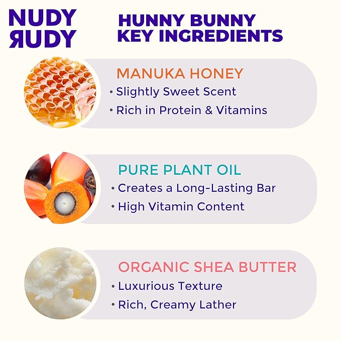 Nudy Rudy Hunny Bunny Soap Bar Puck, Made with Organic Shea Butter and Manuka Honey, Triple Milled Bar, No Harsh Ingredients, All Skin Types, 4.2 oz, Made in Australia