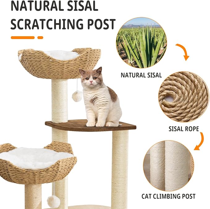SHODMI 54-Inch Modern Cat Tree Tower, 3 Flower Basket Beds for Indoor Cats | White cloud mat, 5-level multi-cat design, 8 cm thick sisal posts, stable base, interchangeable cooling and plush mats