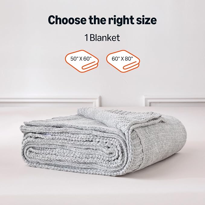 Amazon Basics Chunky Chenille Knit Throw Blanket for Couch, Bed and Sofa, Soft and Warm Lightweight Jersey, 60"×80", Grey