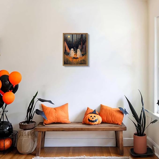 Framed Vintage Halloween Wall Art, Camping Ghosts Cozy Fireplace Canvas Prints, Gothic Whimsigoth Decor Cute Spooky Poster, Farmhouse Halloween Wall Decor, Ready to Hang 12x16in Wood Frame